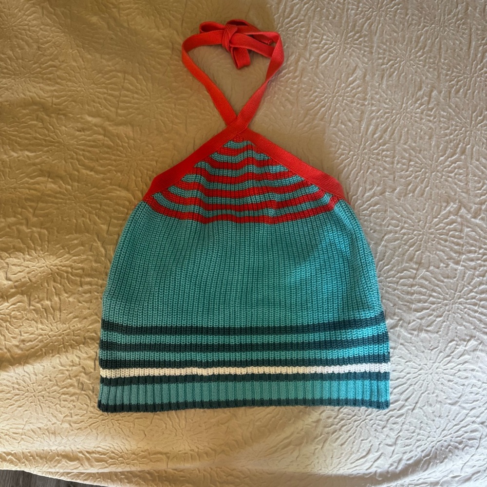 Zara Knitted Crochet Halter Top Colorful Turquoise Blue & Hibiscus Orange Stripe